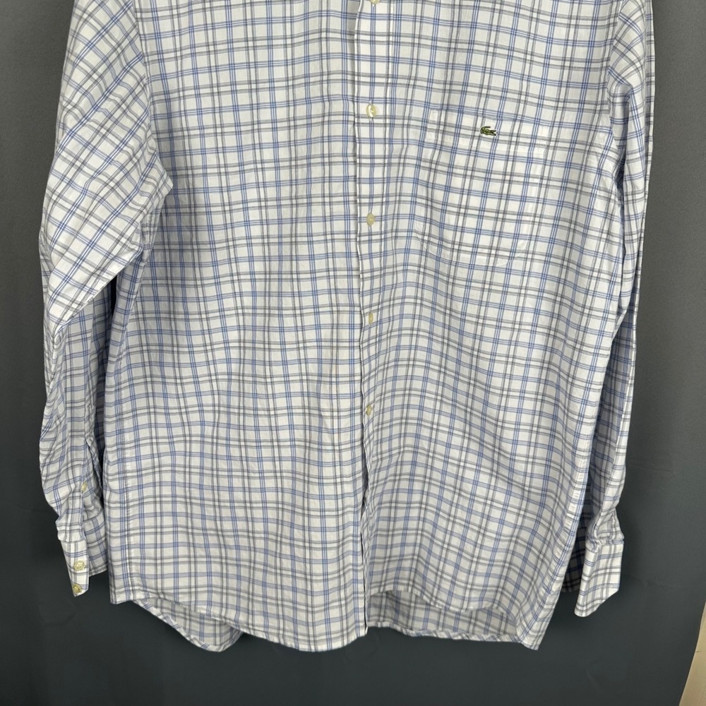 Lacoste Mens Plaid Button Down Shirt Blue Grey White Long Sleeve Size 41 Logo - Picture 3 of 7